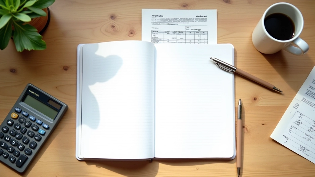 Notebook page with handwritten budget notes, calculator, and pen on wooden table in natural daylight