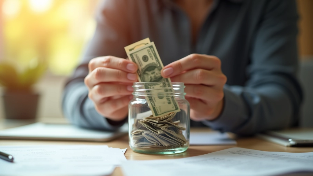 Person putting money into savings jar with written goals and target amounts displayed