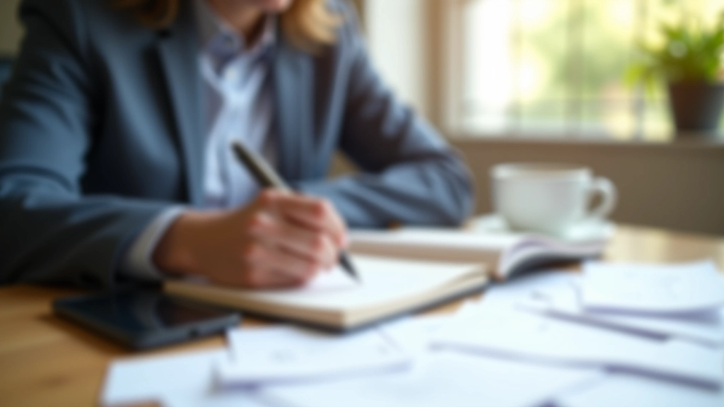 Person tracking daily expenses in notebook with phone and receipt visible on table