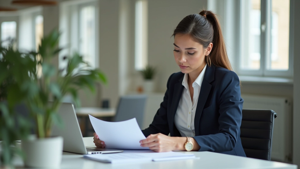 Professional in business casual attire reviewing budget documents at modern office desk with focus on financial planning