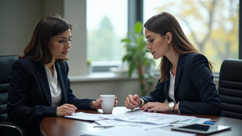 Woman and man in business attire discussing financial planning documents